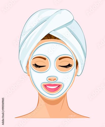 Woman with beauty facial mask and towel for spa wellness treatment Graphic Asset