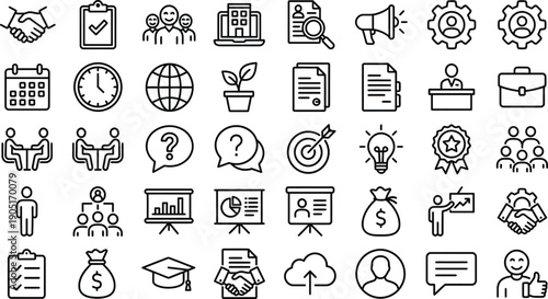 Business Management and Human Resources Line Icon Set Featuring Recruitment, Teamwork, Financial Growth, Professional Skills, Career Development, Marketing, and Corporate Strategy