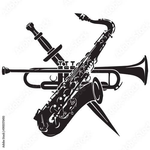 Musical instruments silhouette with saxophone, trumpet and sword