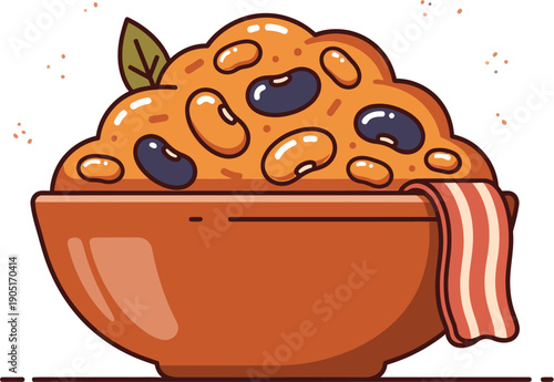 A comforting and hearty illustration of a classic chili bowl, brimming with a delicious mix of beans, savory spices, and accompanied by a crispy bacon strip, perfect for a cozy meal