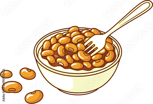 A delightful illustration capturing a small bowl of savory baked beans, perfectly complemented by a fork, evoking a sense of home-cooked comfort and simple, wholesome nutrition