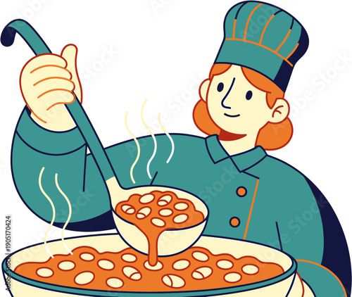Illustration of a chef in uniform ladling soup from a large pot, capturing a moment of culinary preparation and delicious food service