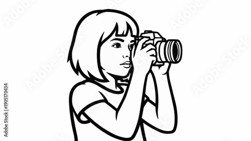 Young girl holding a camera and taking a picture.