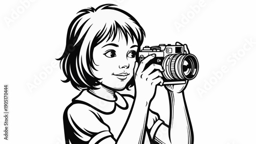 Young girl holding a vintage camera and taking a picture.