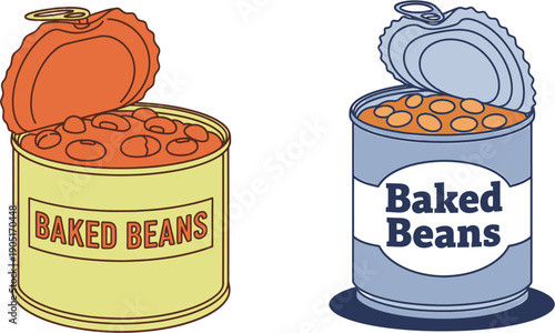 Vibrant vector illustration showing two open cans of baked beans, a convenient and nutritious pantry staple for quick meals and versatile cooking