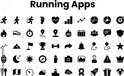 Running and Fitness Mobile App Icon Set - Sport, Health, and Activity Tracking UI UX Symbols. running, fitness, app icons, health, vector