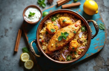 Aromatic fish biryani with fluffy basmati rice and spices. Served with cooling yogurt raita and garnished with fresh mint. Delicious Indian meal.