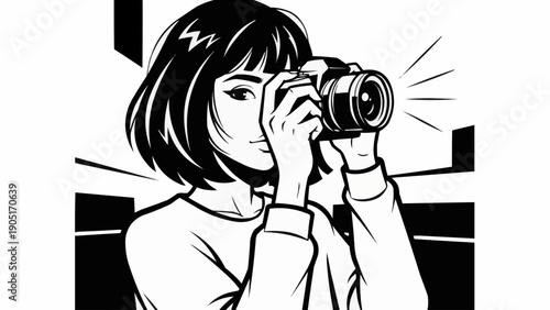 Young woman taking a photograph with a digital camera.