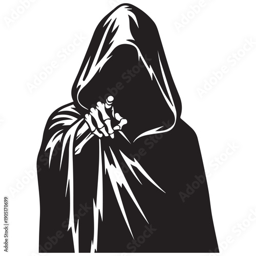 Mysterious hooded figure with skeleton hand gesture