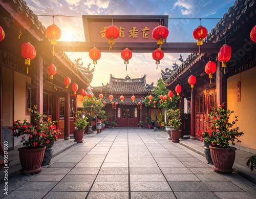 Chinese New Year Celebration Traditional Temple with Lanterns