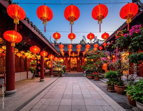 Chinese New Year Celebration with Red Lanterns at Dusk