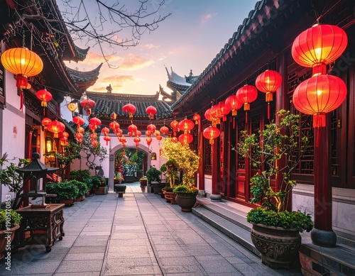 Chinese New Year Celebration with Lanterns in Traditional Courtyard