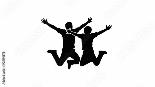 Two Silhouetted Friends Jumping Joyfully Together Mid Air.