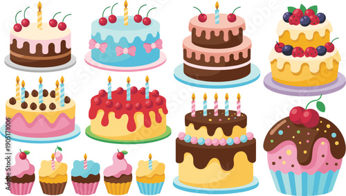 Assortment of Colorful Birthday Cakes and Cupcakes with Candles Keywords: birthday, cake, cupcake, celebration, party, dessert