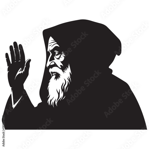 Silhouette of wise old man with long beard gesturing