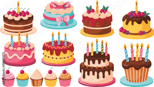 Assortment of Decorated Cakes and Cupcakes with Candles for Celebrations birthday party