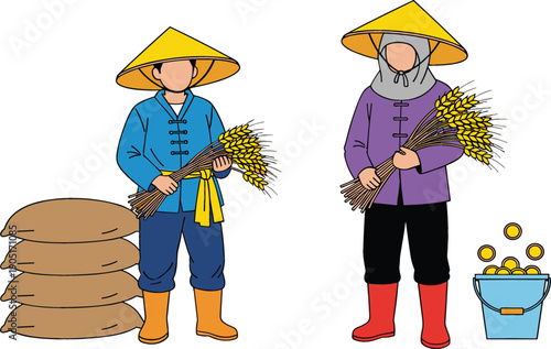 Traditional Asian Farmers Holding Rice Harvest with Straw Hats Rural Agriculture Lifestyle and Rice Farming Vector Illustration