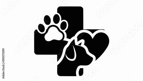 Veterinary symbol with paw print and dog silhouette inside heart.