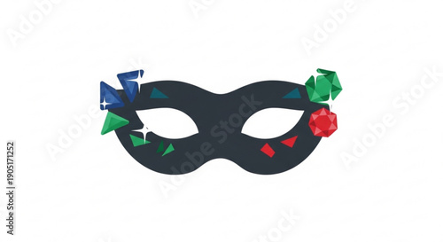Black masquerade mask with colorful gems and bows on white background