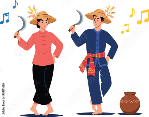 Traditional Asian Folk Dance Performers with Sickle Tools and Straw Hats Celebrating Rural Harvest Festival Vector Illustration