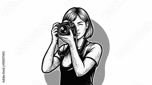 Woman holding a camera and taking a photo.