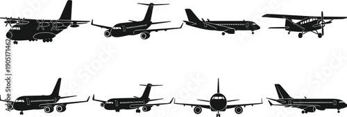 Collection Of Black Airplane Silhouettes In Different Views And Types aircraft