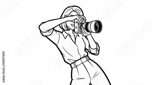 Woman photographer taking a picture with a professional camera.