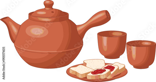 Traditional Clay Teapot with Tea Cups and Bread with Jam, Cozy Breakfast Tea Set Vector Illustration Isolated on White Background