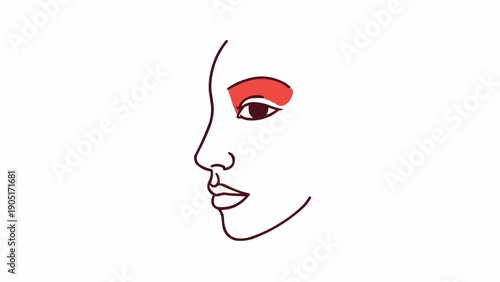 Womans face profile with vibrant red eyeshadow artistic makeup.
