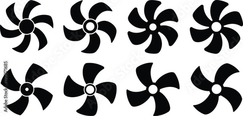 Set of black fan blade icons, industrial propeller silhouettes, cooling system symbols, ventilation turbine elements, boat engine propellers,