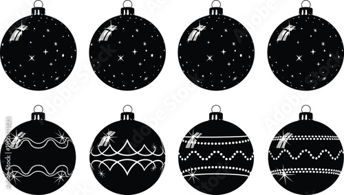 Black silhouettes of decorative Christmas baubles with stars and wavy patterns, festive holiday hanging ornaments isolated on white background, vector.