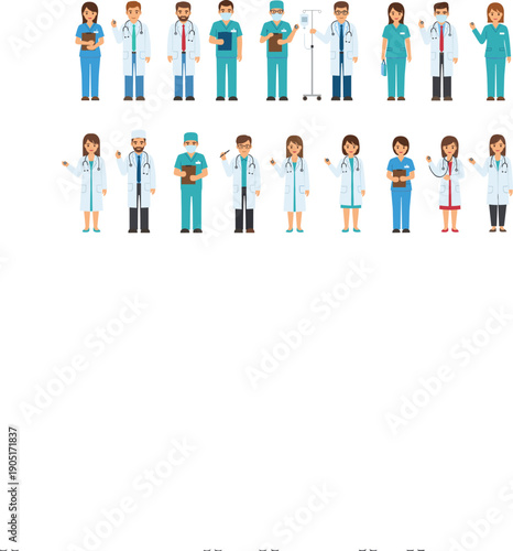 Diverse set of professional healthcare workers including doctors surgeons and nurses in scrubs and lab coats for medical industry vector illustration