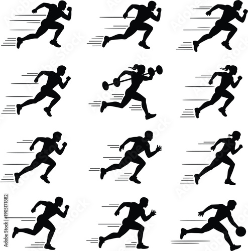 Dynamic Silhouettes of Runners with Speed Lines and Athletic Poses running motion