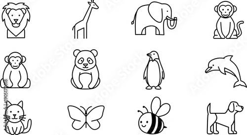 Animal icon set bundle featuring lion, giraffe, elephant, monkey, panda, penguin, dolphin, cat, butterfly, bee, and dog for wildlife education and pet care branding