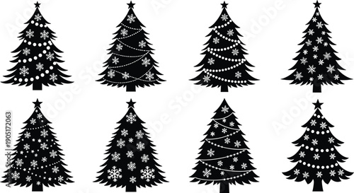 Black silhouettes of various Christmas trees decorated with snowflakes and garlands, festive holiday season design elements isolated on white background.