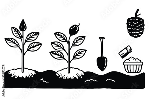 Black and White Line Seedlings Growing from Soil with Gardening Tools