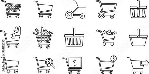 Shopping cart and basket line icon set, featuring grocery trolley, retail basket, customer with child seat, price tag, and checkout symbols