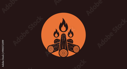 A spooky burning fire sign vector illustration featuring a scary orange pumpkin and black cat icon under a dark autumn moon for a horror themed Halloween celebration design