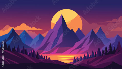 A vibrant digital illustration depicts a majestic mountain range silhouetted against a large glowing sun
