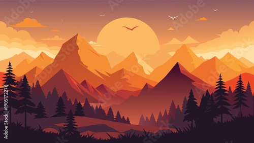 A vibrant stylized landscape depicts majestic mountains silhouetted against a warm orange sunset high-quality professional