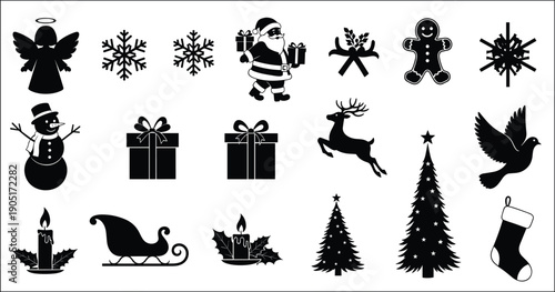 Black silhouettes of Christmas icons, Santa Claus, reindeer, snowman, trees, snowflakes, gingerbread man, and holiday symbols isolated on white background, vector.