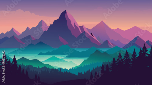 A vibrant stylized illustration depicts a majestic mountain range overlooking a tranquil valley high-quality professional