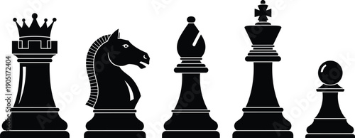 Black silhouettes of classic chess pieces including king, queen, rook, knight, bishop, and pawn, isolated on white background for games.