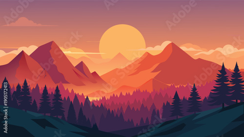 A vibrant and stylized landscape depicts silhouetted mountains under a large glowing orange sun high-quality