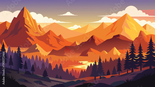 A vibrant stylized landscape depicts towering mountains a winding river and a forest high-quality professional