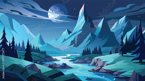 A stylized cool toned landscape features jagged mountains a winding river and a distant planet