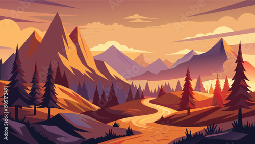 A vibrant stylized landscape depicts towering mountains winding paths and a warm sunset glow high-quality