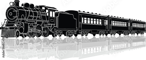 Black silhouette of a vintage steam locomotive pulling passenger cars with a reflection on white background, retro rail transportation vector.