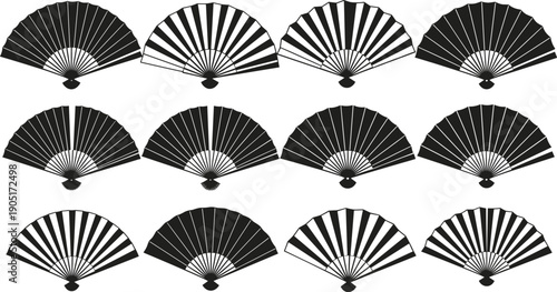 Black silhouettes of various folding hand fans, traditional oriental paper fans, and Japanese decorative accessories isolated on white background, vector.