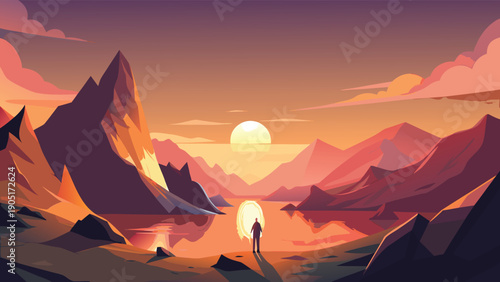 A lone figure stands on a shore gazing at a vibrant sunset over calm waters and mountains